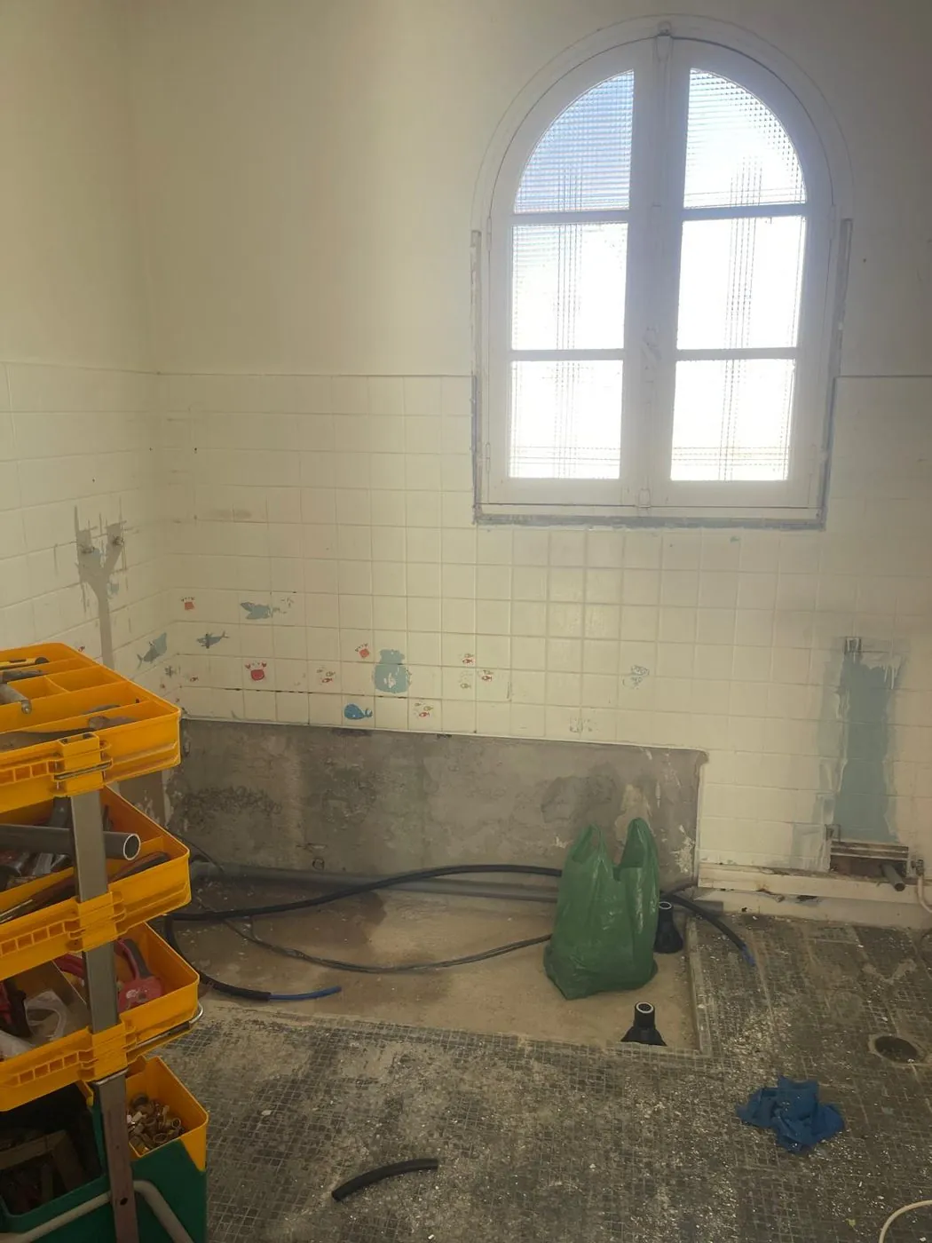 Avant travaux — Grès cérame grand format et douche à l'italienne sous la fenêtre cintrée d'origine, sol effet bois et double vasque.
